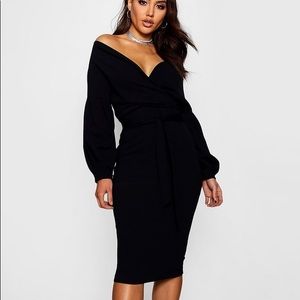 Black Wrap Midi Dress BOOHOO